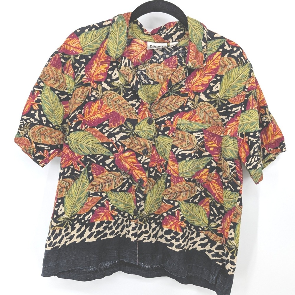Chics Vintage‎ Linen Button Up Top Women Medium Tropical Leaf Animal Print Shirt